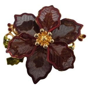 Vintage Kenneth Cole KC Burgundy Mesh Poinsettia‎ Brooch Christmas Holiday Pin